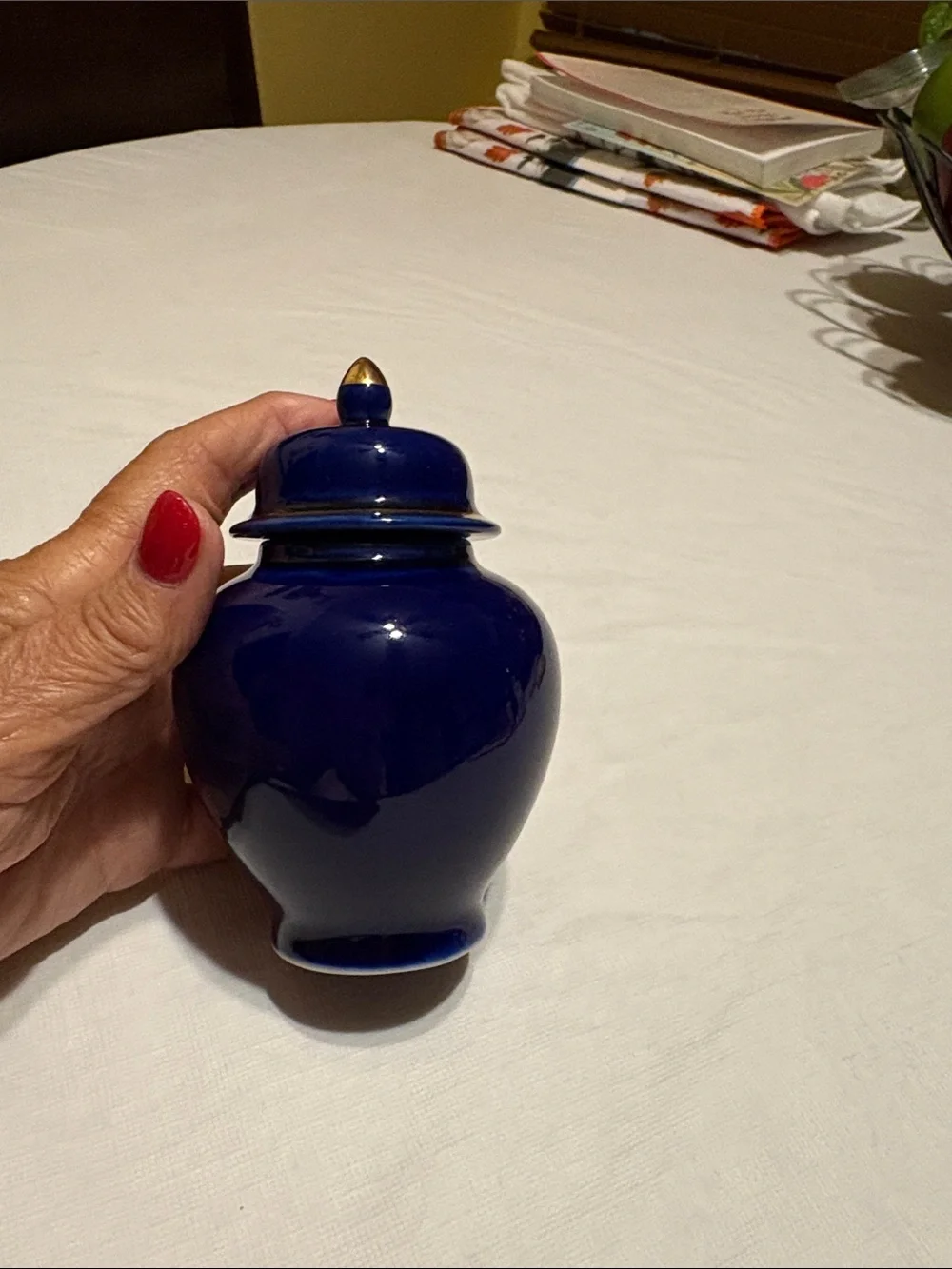 Cobalt Blue Porcelain Lidded Vase with Gold and Floral Motif